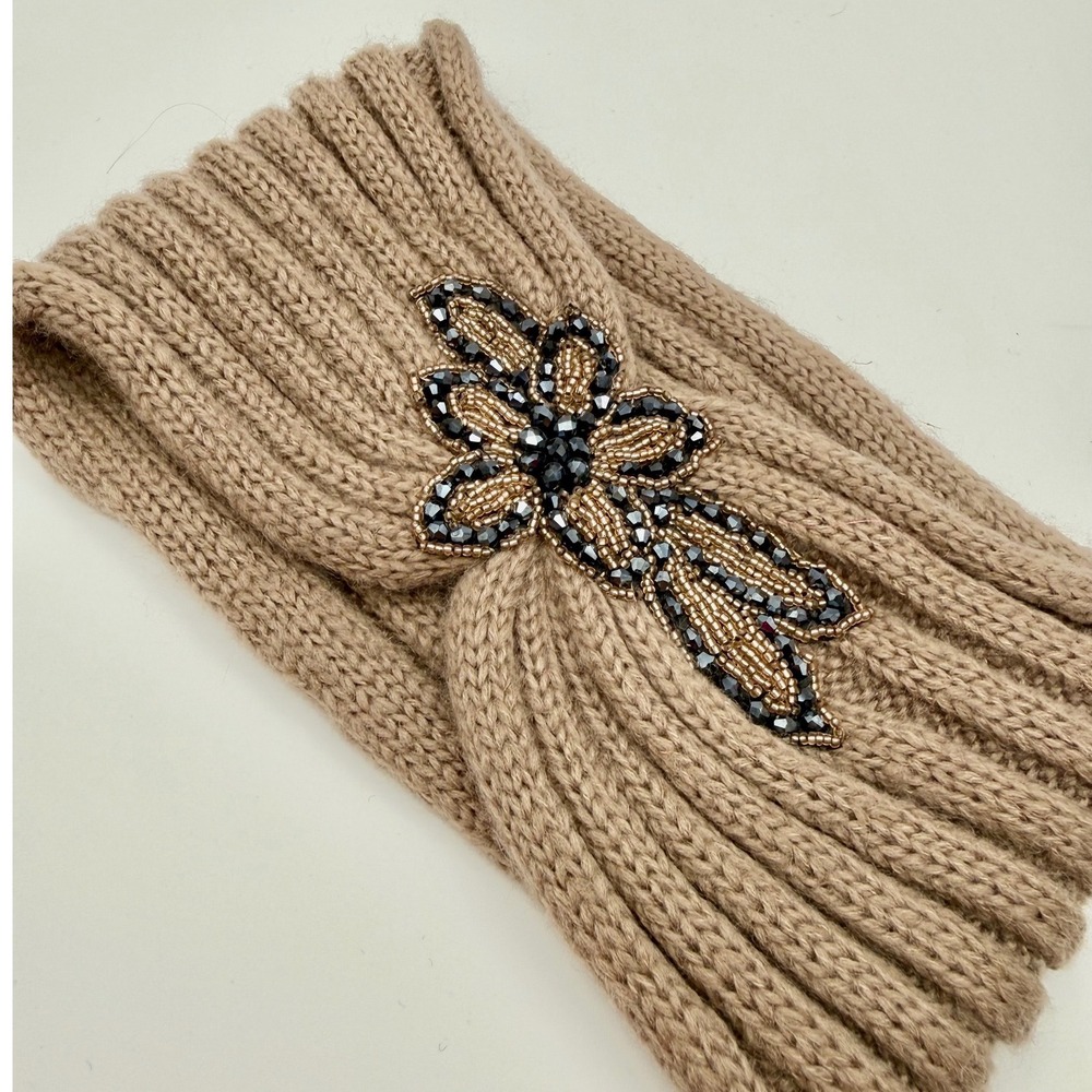 C.C Exclusives Women Beaded Floral Ribbed Knit Headband Ear Warmer Camel Tan